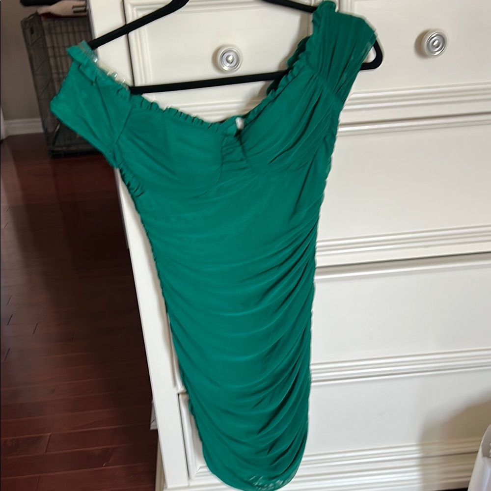 Privy Green Ruched Off-Shoulder Mini Dress
